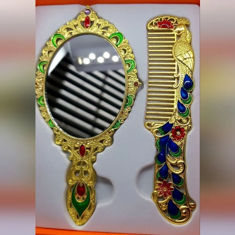 Vintage Peacock Mirror Comb Gift Box Set Yellow Gold Rhinestone Regency Vanity